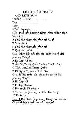 Đề kiểm tra 15p môn Lịch sử lớp 6